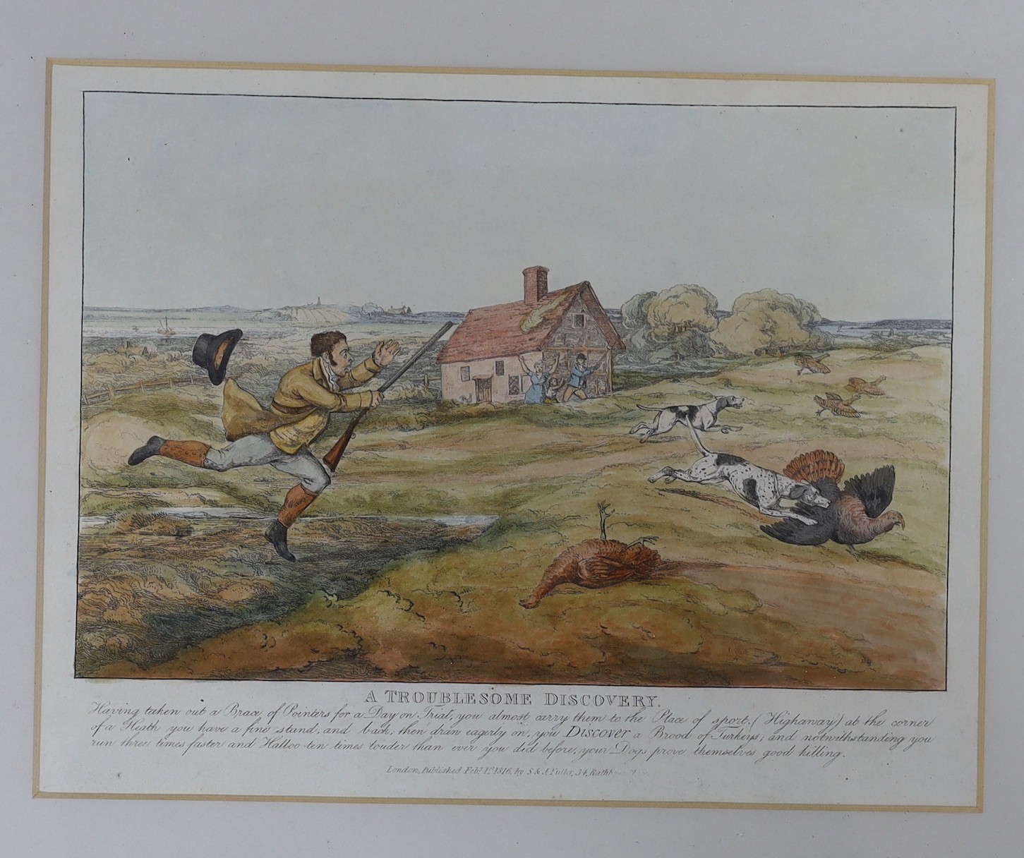 S & J Fuller Publ. 1816, a set of six coloured engravings, 'A Curious Discovery' and other shooting incidents, 21 x 28cm